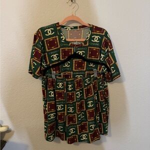 CHANEL Green and Burgundy Patterned Top